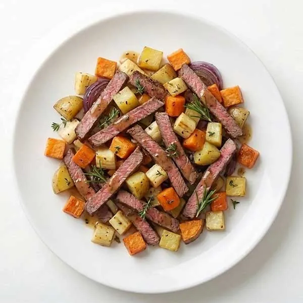 Sliced Roast Beef with Roasted Root Vegetables